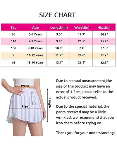 KEREDA 3 Pack Flowy Shorts Girls Butterfly Shorts, Preppy Youth/Kids/Girls Athletic Shorts with Spandex Liner 2-in-1 for Running, Sports, Fitness,Tennis 9-10Y (Black-White-Hot Pink)