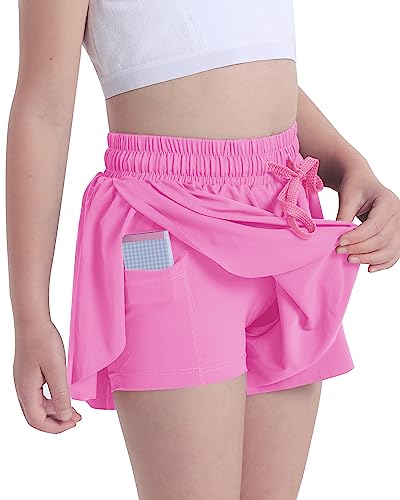 KEREDA 3 Pack Flowy Shorts Girls Butterfly Shorts, Preppy Youth/Kids/Girls Athletic Shorts with Spandex Liner 2-in-1 for Running, Sports, Fitness,Tennis 9-10Y (Black-White-Hot Pink)