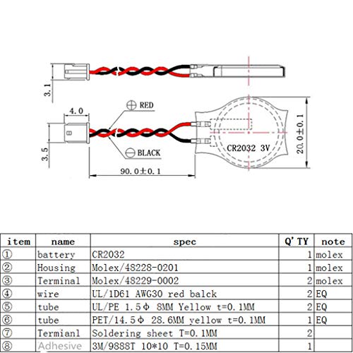 hejhncii 2 Pin Laptop Mainboard -Bios -Cmos Battery with Wire,Cr2032 2032 Battery Wire with Adhesive 230Mah