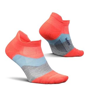 feetures elite max cushion no show tab - running socks for men & women - athletic compression socks - moisture wicking - medium, climb coral
