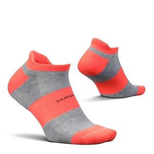 feetures high performance cushion no show tab - running socks for men and women - athletic ankle socks - moisture wicking - medium, collide coral