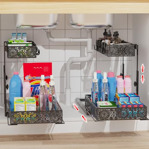 Adjustable Height Under Sink Organizers and Storage, Iirios 2 Pack Metal Slide Out Cabinet Organizer, Under Sink Shelf Cabinet Organizer with Hooks, Multi-Use for for Bathroom Kitchen Organization