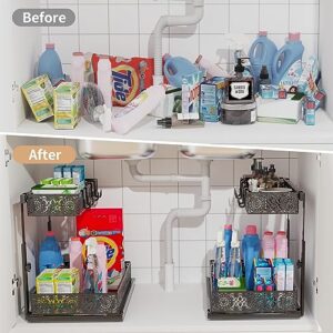 Adjustable Height Under Sink Organizers and Storage, Iirios 2 Pack Metal Slide Out Cabinet Organizer, Under Sink Shelf Cabinet Organizer with Hooks, Multi-Use for for Bathroom Kitchen Organization