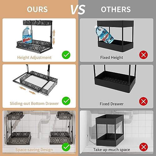 Adjustable Height Under Sink Organizers and Storage, Iirios 2 Pack Metal Slide Out Cabinet Organizer, Under Sink Shelf Cabinet Organizer with Hooks, Multi-Use for for Bathroom Kitchen Organization