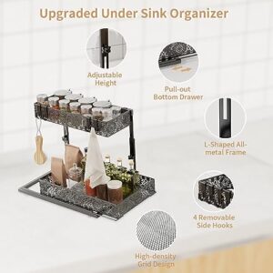 Adjustable Height Under Sink Organizers and Storage, Iirios 2 Pack Metal Slide Out Cabinet Organizer, Under Sink Shelf Cabinet Organizer with Hooks, Multi-Use for for Bathroom Kitchen Organization