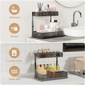 Adjustable Height Under Sink Organizers and Storage, Iirios 2 Pack Metal Slide Out Cabinet Organizer, Under Sink Shelf Cabinet Organizer with Hooks, Multi-Use for for Bathroom Kitchen Organization