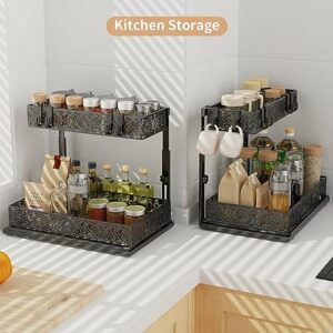 Adjustable Height Under Sink Organizers and Storage, Iirios 2 Pack Metal Slide Out Cabinet Organizer, Under Sink Shelf Cabinet Organizer with Hooks, Multi-Use for for Bathroom Kitchen Organization