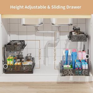 Adjustable Height Under Sink Organizers and Storage, Iirios 2 Pack Metal Slide Out Cabinet Organizer, Under Sink Shelf Cabinet Organizer with Hooks, Multi-Use for for Bathroom Kitchen Organization