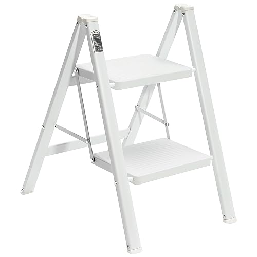 BOCOM 2 Step Ladder, Lightweight Portable Foldable Collapsible Folding Sturdy Steel Metal Step Stool with Anti-Slip Wide Pedal, Heavy Duty 330 lbs Capacity, for Home, Kitchen, Closet, Adults, White