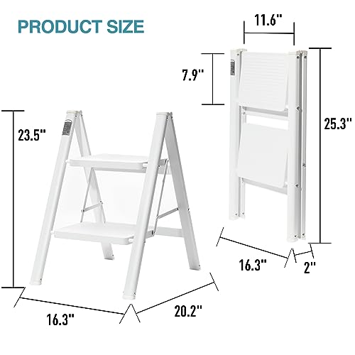 BOCOM 2 Step Ladder, Lightweight Portable Foldable Collapsible Folding Sturdy Steel Metal Step Stool with Anti-Slip Wide Pedal, Heavy Duty 330 lbs Capacity, for Home, Kitchen, Closet, Adults, White