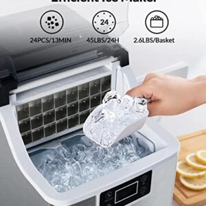 Silonn Ice Makers Countertop - 24Pcs Ice Cubes in 13 Min, 45lbs Per Day, 2 Ways to Add Water, Auto Self-Cleaning, Stainless Steel Ice Machine for Home Office Bar Party