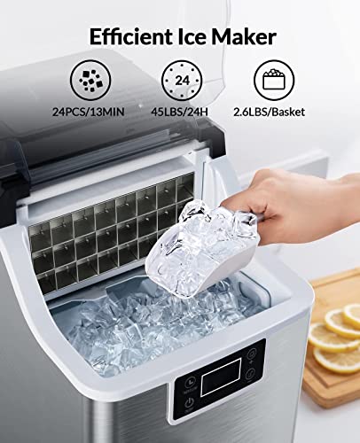 Silonn Ice Makers Countertop - 24Pcs Ice Cubes in 13 Min, 45lbs Per Day, 2 Ways to Add Water, Auto Self-Cleaning, Stainless Steel Ice Machine for Home Office Bar Party