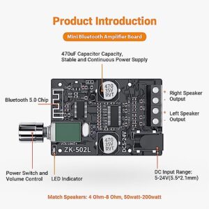 NEOHIPO ZK-502L Bluetooth 5.0 Amplifier Board 2 Channels 50W x 2 Mini Receiver Wireless Stereo Audio Digital Amp Module for Home Passive Speakers