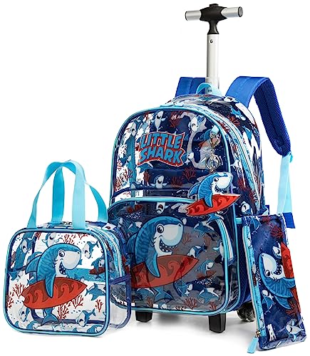 MOHCO Clear Rolling Backpack Kids Wheeled School Bookbag for Boys and Girls (Shark)