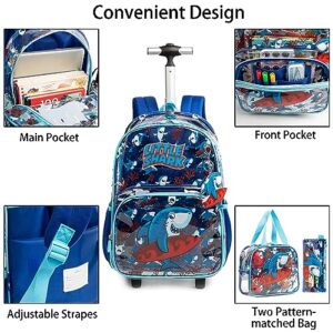 MOHCO Clear Rolling Backpack Kids Wheeled School Bookbag for Boys and Girls (Shark)