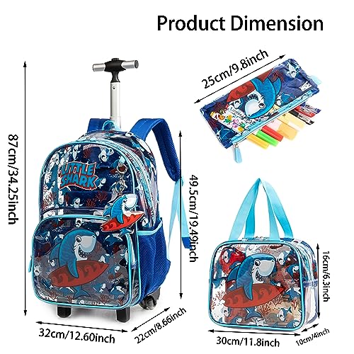 MOHCO Clear Rolling Backpack Kids Wheeled School Bookbag for Boys and Girls (Shark)