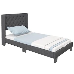 Giantex Twin Bed Frame with Button Tufted Headboard, Modern Fabric Upholstered Platform Bed with Wingback Design, Solid Wooden Slats Support Mattress Foundation, No Box Spring Needed, Grey