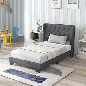 giantex twin bed frame with button tufted headboard, modern fabric upholstered platform bed with wingback design, solid wooden slats support mattress foundation, no box spring needed, grey