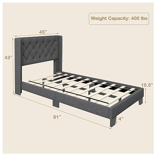 Giantex Twin Bed Frame with Button Tufted Headboard, Modern Fabric Upholstered Platform Bed with Wingback Design, Solid Wooden Slats Support Mattress Foundation, No Box Spring Needed, Grey