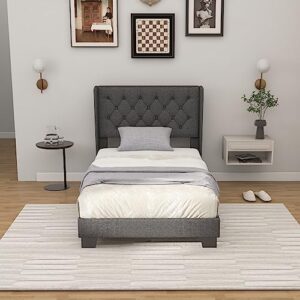 Giantex Twin Bed Frame with Button Tufted Headboard, Modern Fabric Upholstered Platform Bed with Wingback Design, Solid Wooden Slats Support Mattress Foundation, No Box Spring Needed, Grey