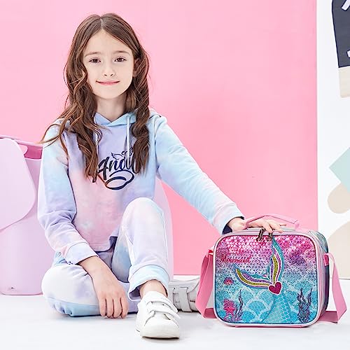 Meetbelify Mermaid Backpack for Girls Backpack with Lunch Box Set for Elementary Student Kids School Bag for Girls Ages 6-8