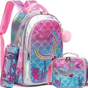 meetbelify mermaid backpack for girls backpack with lunch box set for elementary student kids school bag for girls ages 6-8