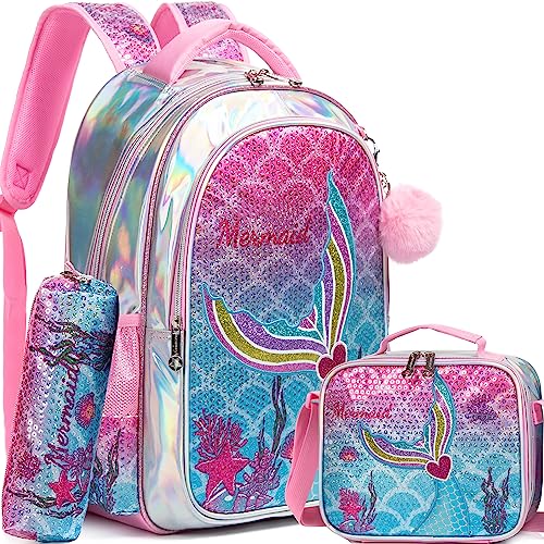 Meetbelify Mermaid Backpack for Girls Backpack with Lunch Box Set for Elementary Student Kids School Bag for Girls Ages 6-8