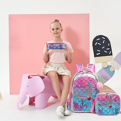 Meetbelify Mermaid Backpack for Girls Backpack with Lunch Box Set for Elementary Student Kids School Bag for Girls Ages 6-8