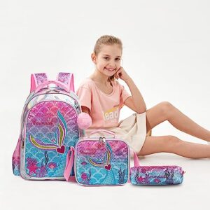 Meetbelify Mermaid Backpack for Girls Backpack with Lunch Box Set for Elementary Student Kids School Bag for Girls Ages 6-8