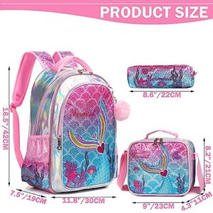 Meetbelify Mermaid Backpack for Girls Backpack with Lunch Box Set for Elementary Student Kids School Bag for Girls Ages 6-8