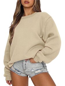 caracilia women's long sleeve sweatshirts crewneck loose fit cotton fuzzy khaki pull over 2023 fall fashion outfits oversized cute teen girls solid y2k fleece hoodie c102a6-zongse-m