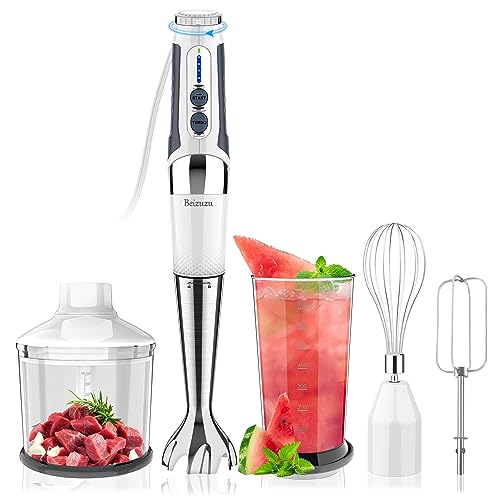 4-in-1 Immersion Hand Blender: 3-Angle Adjustable with Variable 21-Speed Control, Powerful Hand Blender Electric for Milkshakes | Smoothies | Soup| Puree | Baby Food (White)