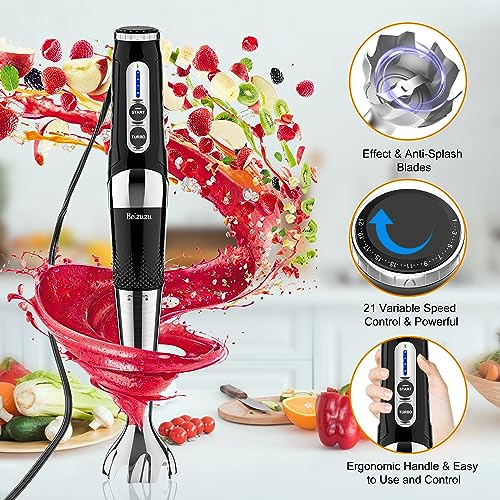 4-in-1 Immersion Hand Blender: 3-Angle Adjustable with Variable 21-Speed Control, Powerful Hand Blender Electric for Milkshakes | Smoothies | Soup| Puree | Baby Food (White)