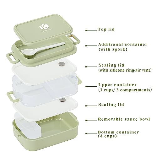 TWOKIWI Bento Box Adult Lunch Box – Lunch Containers for Adults – 7 Cup Bento Lunch Box with 6 Compartments & Spork, Microwave,Dishwasher & Freezer Safe