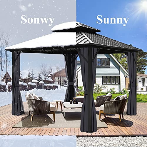 Raysfung 10 X 10ft Hardtop Gazebo, Galvanized Steel Double Roof Gazebo with Nettings and Curtain Outdoor Aluminum Frame Vertical Stripes Roof Permanent for Patio, Backyard, Lawns