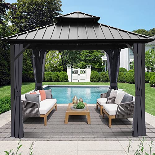 Raysfung 10 X 10ft Hardtop Gazebo, Galvanized Steel Double Roof Gazebo with Nettings and Curtain Outdoor Aluminum Frame Vertical Stripes Roof Permanent for Patio, Backyard, Lawns