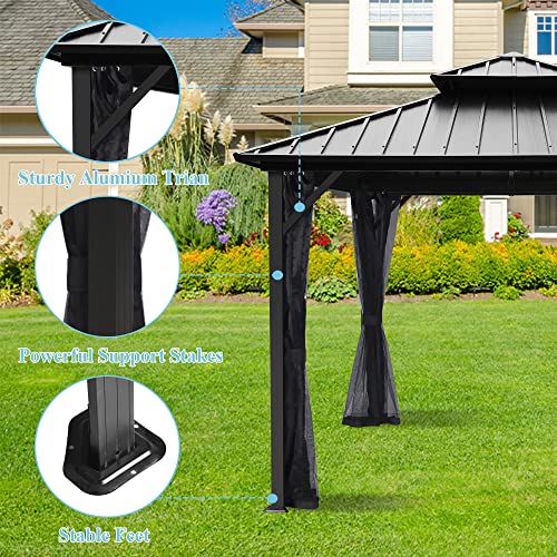 Raysfung 10 X 10ft Hardtop Gazebo, Galvanized Steel Double Roof Gazebo with Nettings and Curtain Outdoor Aluminum Frame Vertical Stripes Roof Permanent for Patio, Backyard, Lawns