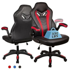 ollega video game chairs, black gamer chairs for adults, computer gaming chairs for teens, racing style ergonomic office chair flip-up arms and lumbar support, pu leather computer chair 330 lbs
