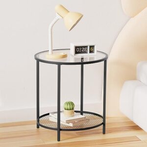 cadani end table, glass side table with open storage, 2-tier black accent table with sturdy metal frame, modern round coffee table for living room, bedroom, balcony, patio