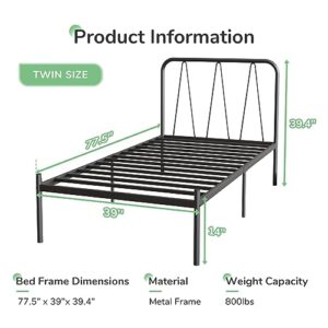 Novilla Twin Bed Frame, 14 Inch Metal Platform Bed Frame with Headboard, Heavy Duty Metal Slats Support, Easy Assembly, No Box Spring Needed