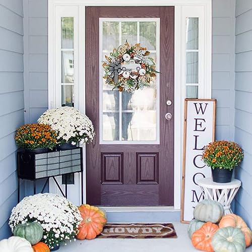 Fall Wreath for Front Door,20 inch Door Wreath with White Pumpkin, Truck Door Wreath,Autumn Harvest Porch Decor, Thanksgiving Farmhouse Decoration Indoor Outdoor,Pumpkin Wreath,Wreath with Ribbon Bow