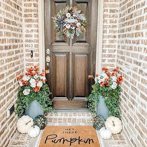 Fall Wreath for Front Door,20 inch Door Wreath with White Pumpkin, Truck Door Wreath,Autumn Harvest Porch Decor, Thanksgiving Farmhouse Decoration Indoor Outdoor,Pumpkin Wreath,Wreath with Ribbon Bow