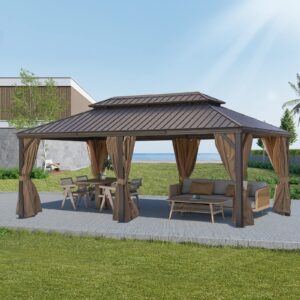 12’x 20’ Heavy Sunshade Large Metal Patio Gazebo Canopy, Permanent Gazebo with Galvanized Steel Double Roof,with Curtains and Netting for Patio, Backyard and Lawn (Wood Grain Coated)