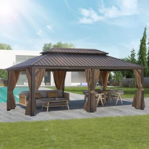 12’x 20’ Heavy Sunshade Large Metal Patio Gazebo Canopy, Permanent Gazebo with Galvanized Steel Double Roof,with Curtains and Netting for Patio, Backyard and Lawn (Wood Grain Coated)