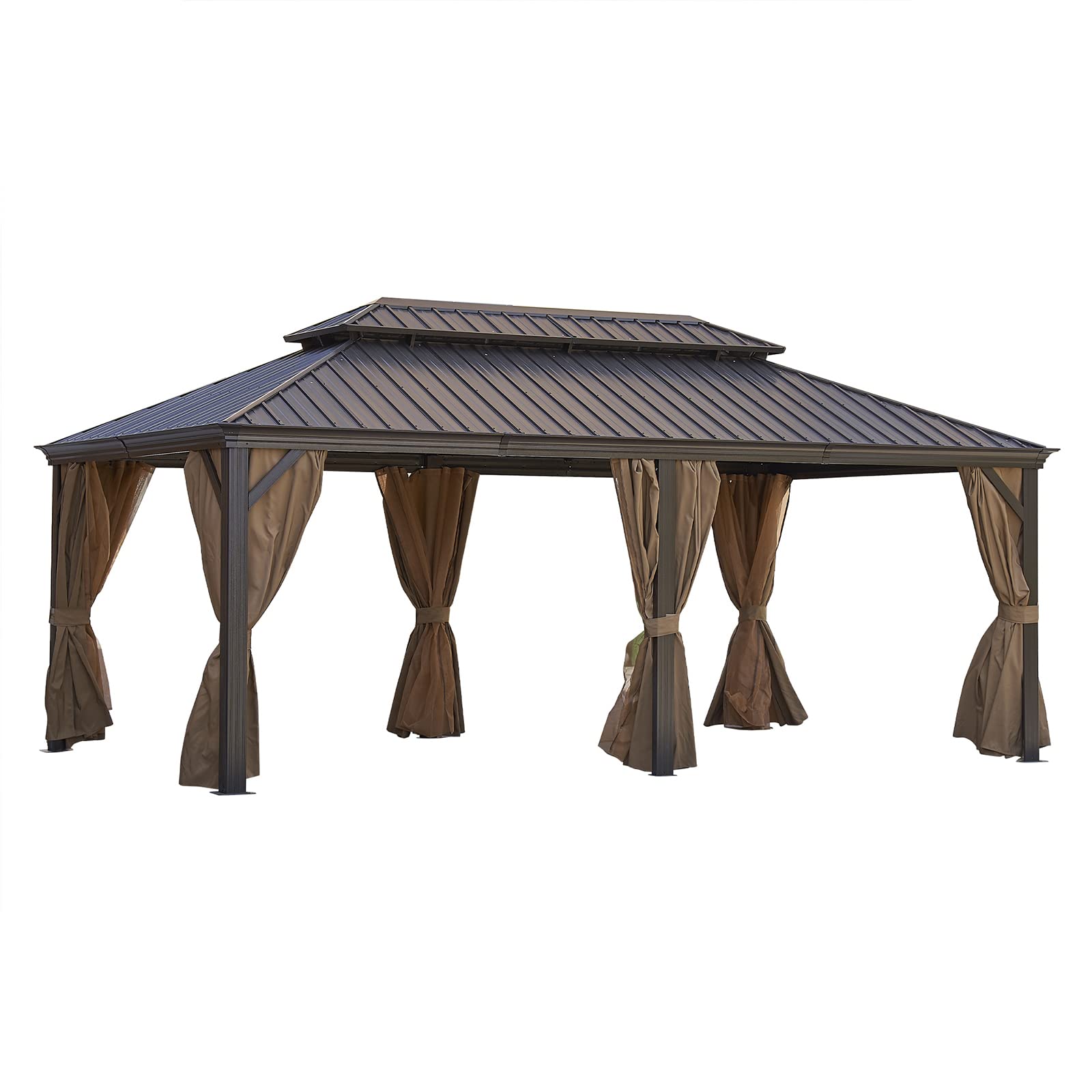 12’x 20’ Heavy Sunshade Large Metal Patio Gazebo Canopy, Permanent Gazebo with Galvanized Steel Double Roof,with Curtains and Netting for Patio, Backyard and Lawn (Wood Grain Coated)