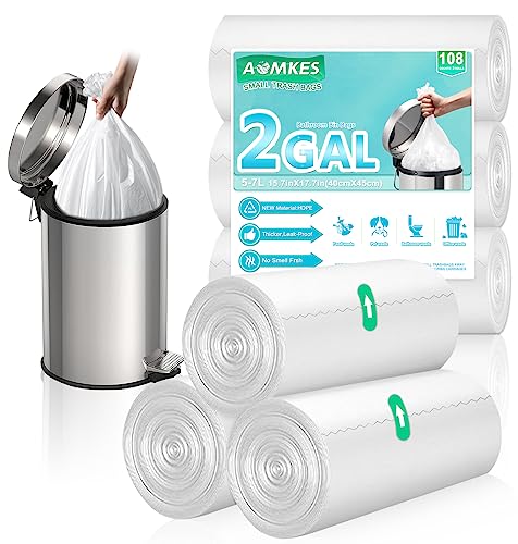 AOMKES 2 Gallon Small Trash Bags - 108 Counts Bathroom Garbage Bags,Unscented Wastebasket Liners,Strong Kitchen Bin Bags,5-7Liters White Trash Bags For Office,Bedroom,Living Room,40x45CM