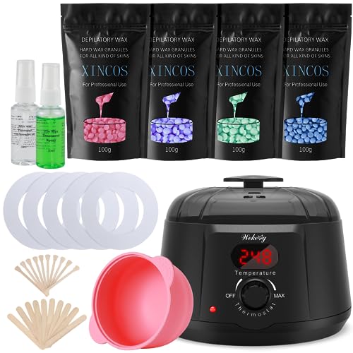 Wax Kit for Hair Removal: Digital Waxing Hot Melts Warmer with Hard Wax Beads for Face Bikini Body Eyebrow Legs Armpit- Hair Remover Machine at Home Facial kit for Women and Men Sensitive Skin