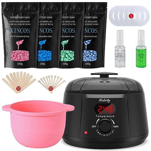 Wax Kit for Hair Removal: Digital Waxing Hot Melts Warmer with Hard Wax Beads for Face Bikini Body Eyebrow Legs Armpit- Hair Remover Machine at Home Facial kit for Women and Men Sensitive Skin