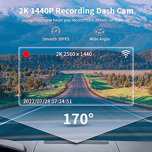 2K Dash Cam Front WiFi Dash Camera for Cars QHD 1440P Car Camera Dashcam for Cars with Super Night Vision 170°Wide Angle WDR Loop Recording