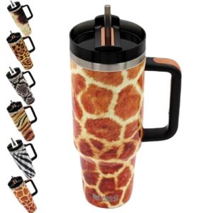 Simply Modern 40 oz Tumbler with Simple Handle and Straw Giraffe / Rambler Insulated Cup / Iced Coffee Stainless Steel Travel Mug / 40oz Animal Print Water Bottle Gifts for Men Women Kids / 5 pcs Set